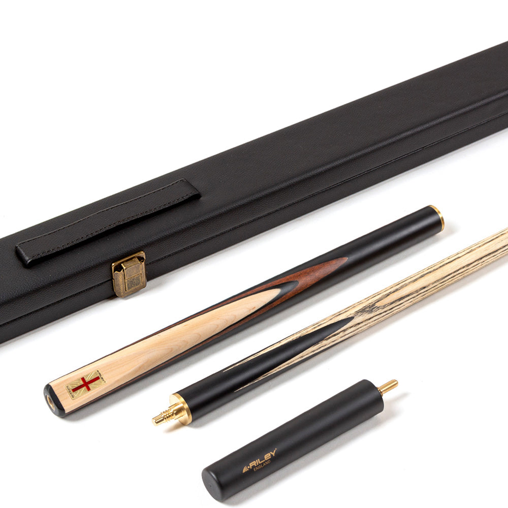 Riley England 3 Piece Snooker Cue and Hard Case 3/4 Cut- Layered Ebonised Black Wood Butt with 9.5mm Tip - 145cm - Black/ Maple Wood