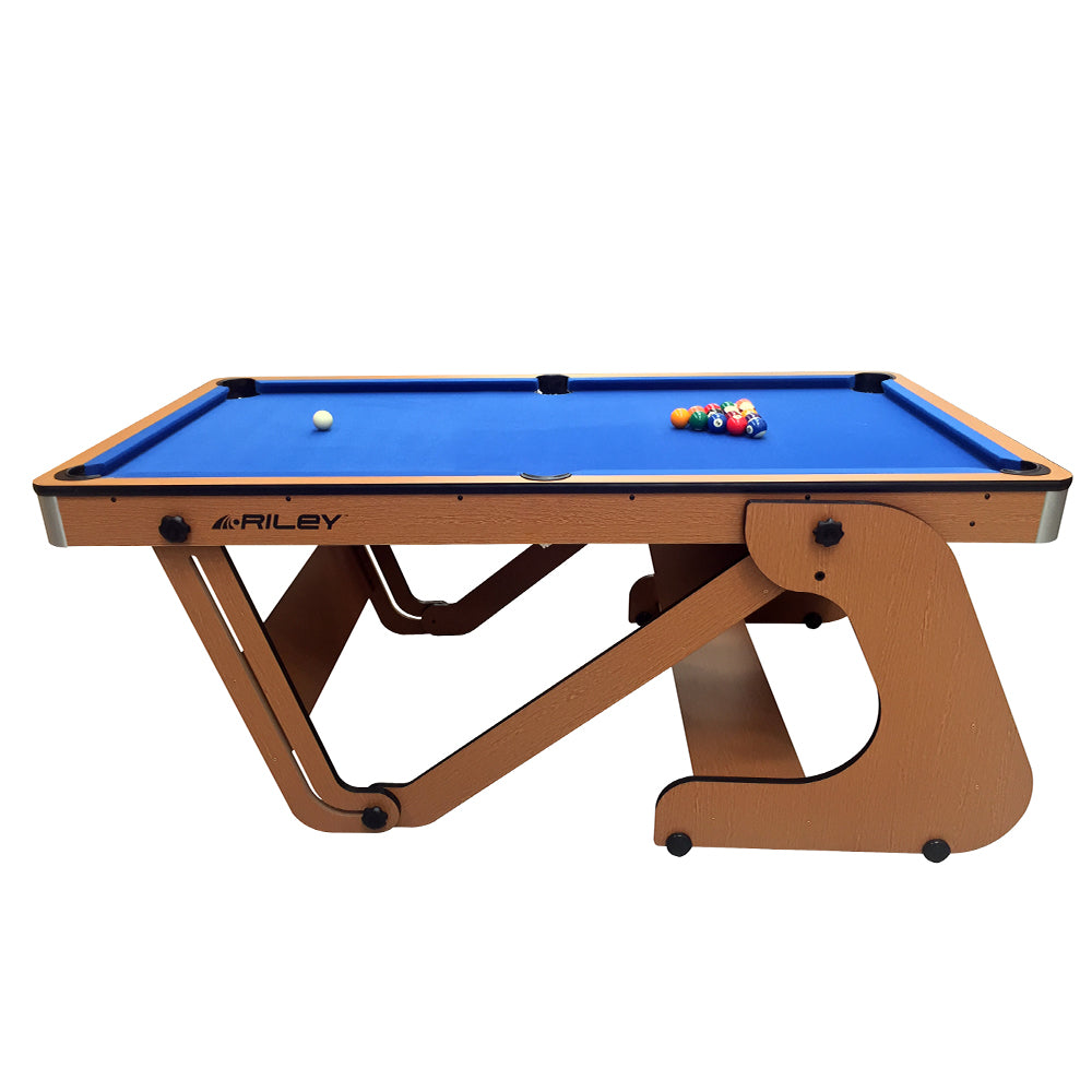 Riley 6ft Folding Pool Table with dartboard - Beech Finish with Blue Cloth - Folds Vertically - Free Table Tennis Top