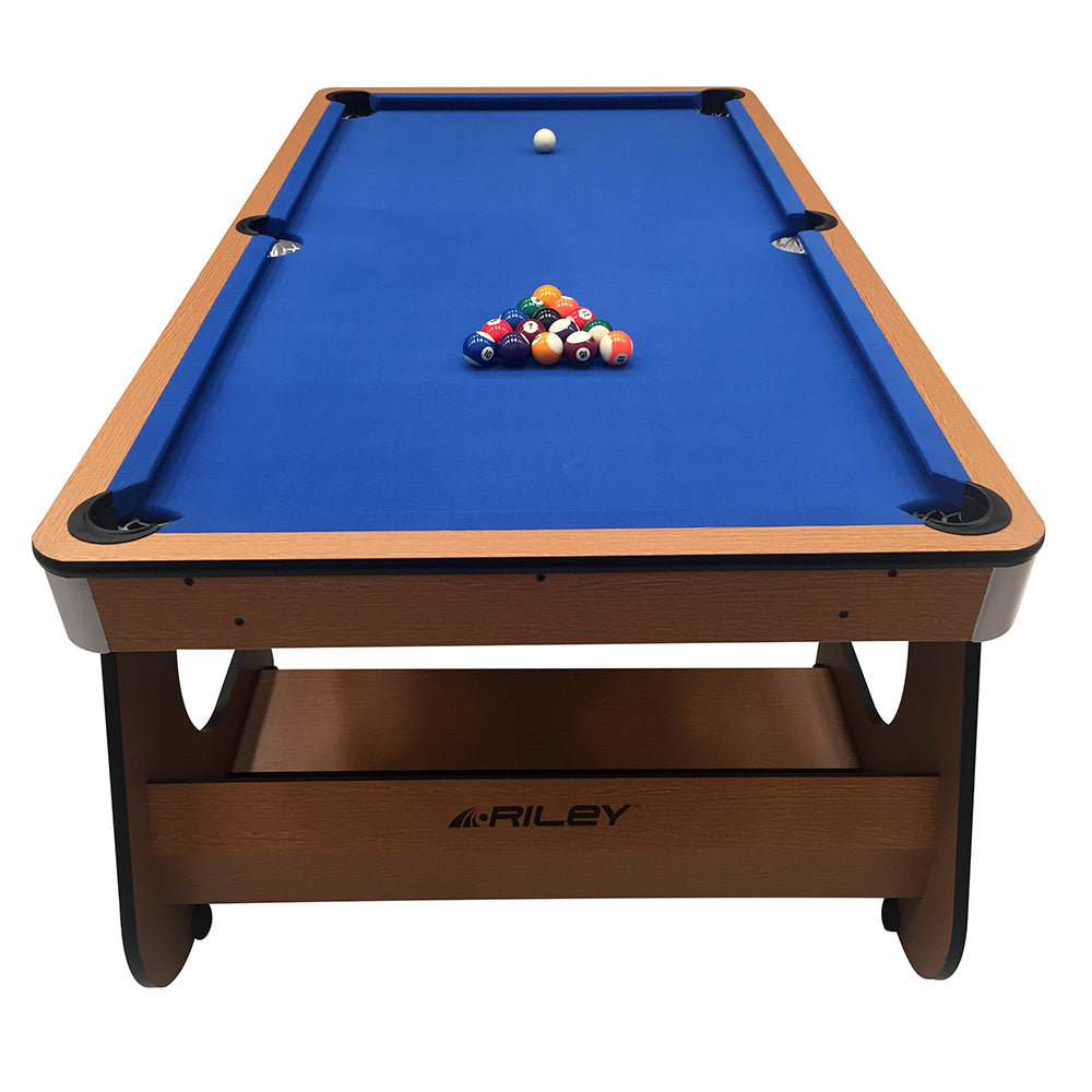 Riley 6ft Folding Pool Table with dartboard - Beech Finish with Blue Cloth - Folds Vertically - Free Table Tennis Top