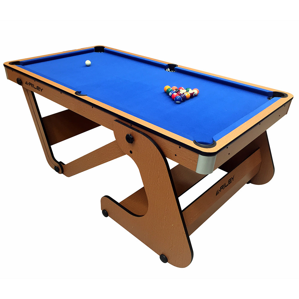 Riley 6ft Folding Pool Table with dartboard - Beech Finish with Blue Cloth - Folds Vertically - Free Table Tennis Top