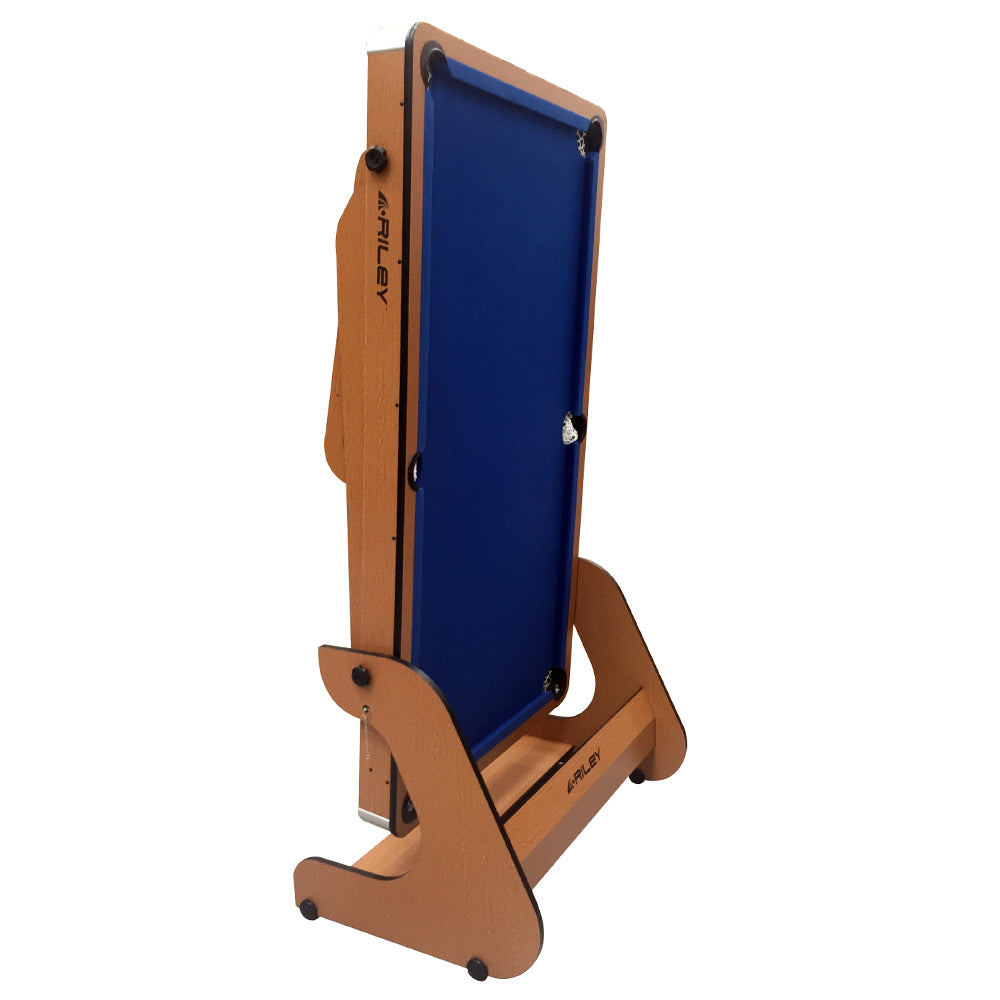 Riley 6ft Folding Pool Table with dartboard - Beech Finish with Blue Cloth - Folds Vertically - Free Table Tennis Top
