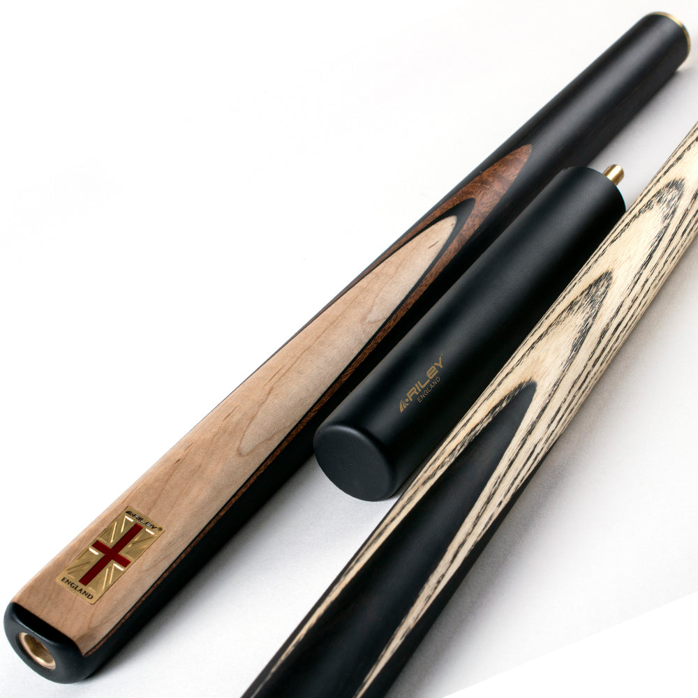 Riley England 3 Piece Snooker Cue and Hard Case 3/4 Cut- Layered Ebonised Black Wood Butt with 9.5mm Tip - 145cm - Black/ Maple Wood