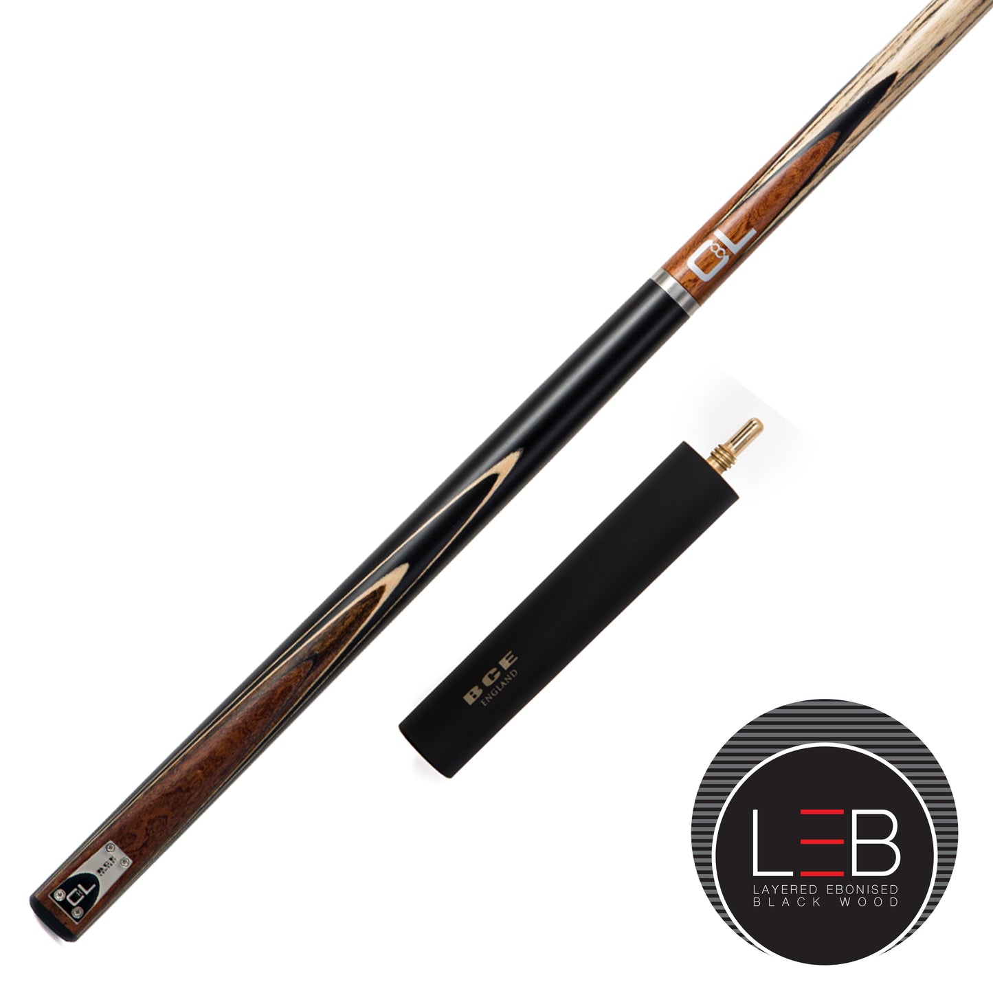 BCE C8L - 3 Piece English Pool Cue 3/4 Cut - Layered Ebonised Black Wood Butt with 9mm Tip - 145cm - Black/ Dark Wood - with Deluxe Hard Case