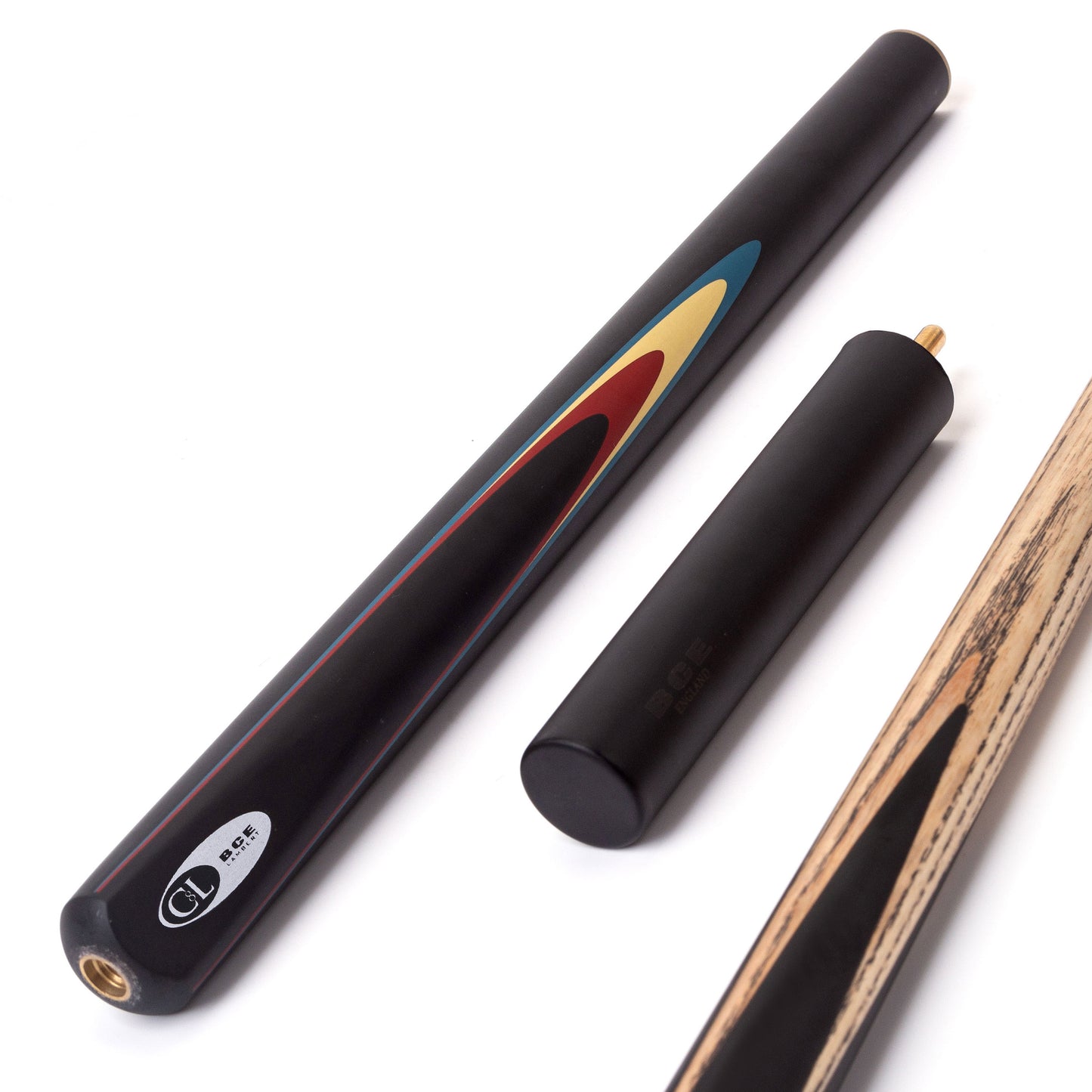 BCE Protege Series - Christophe Lambert - 3/4 Cut Snooker/Pool Cue - 9.5mm Tip - 145cm - Black/Natural/Blue/Cream/Red