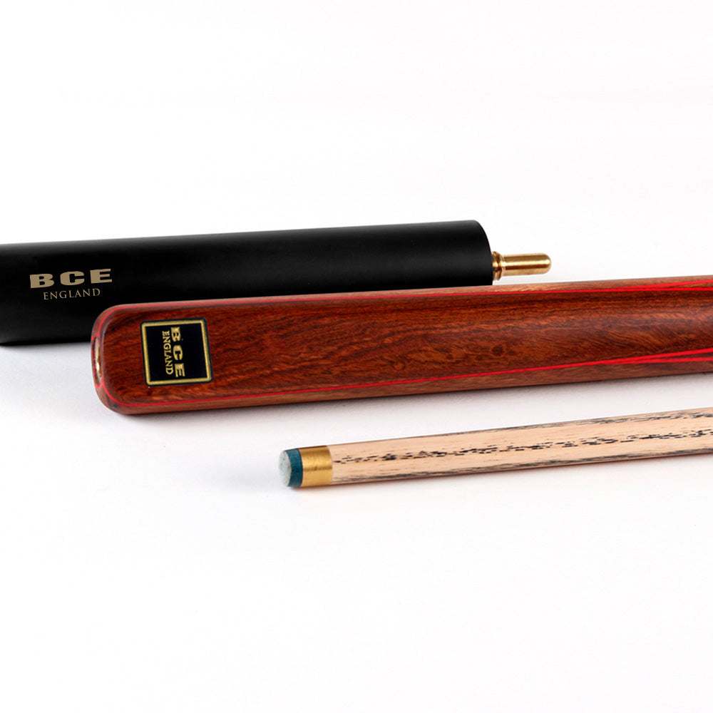 BCE 3 Piece Snooker Cue - 3/4 Cut Cue - Exotic Wood Butt - 9.5mm Tip - 145cm - Red/ Natural Wood