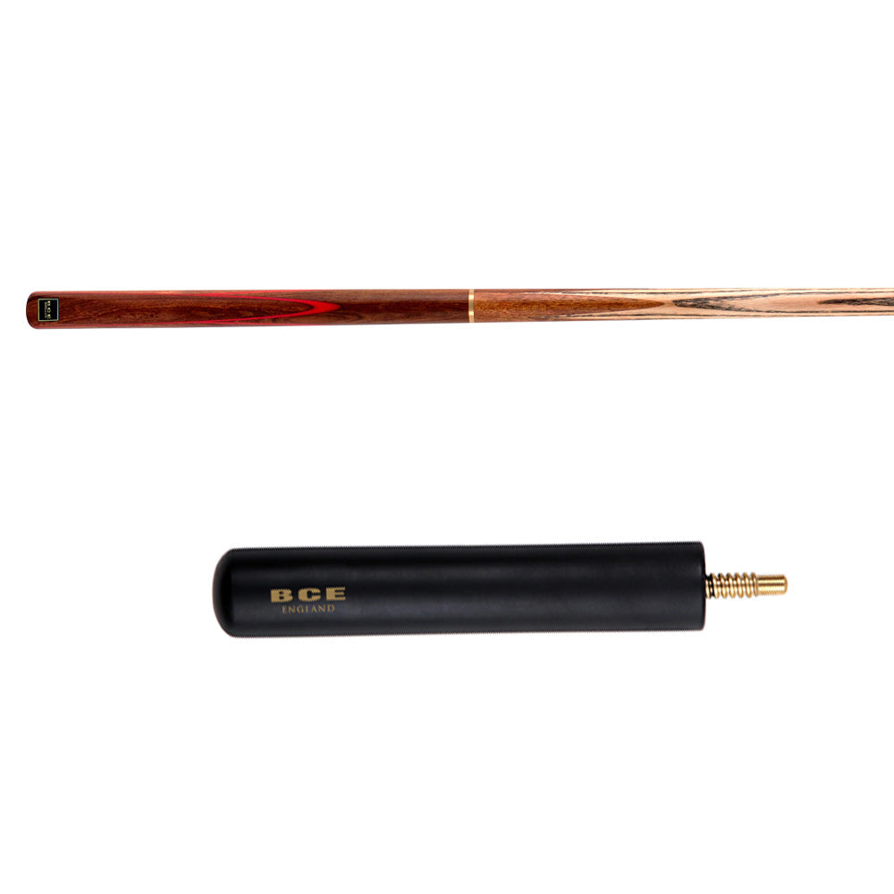 BCE 3 Piece Snooker Cue - 3/4 Cut Cue - Exotic Wood Butt - 9.5mm Tip - 145cm - Red/ Natural Wood