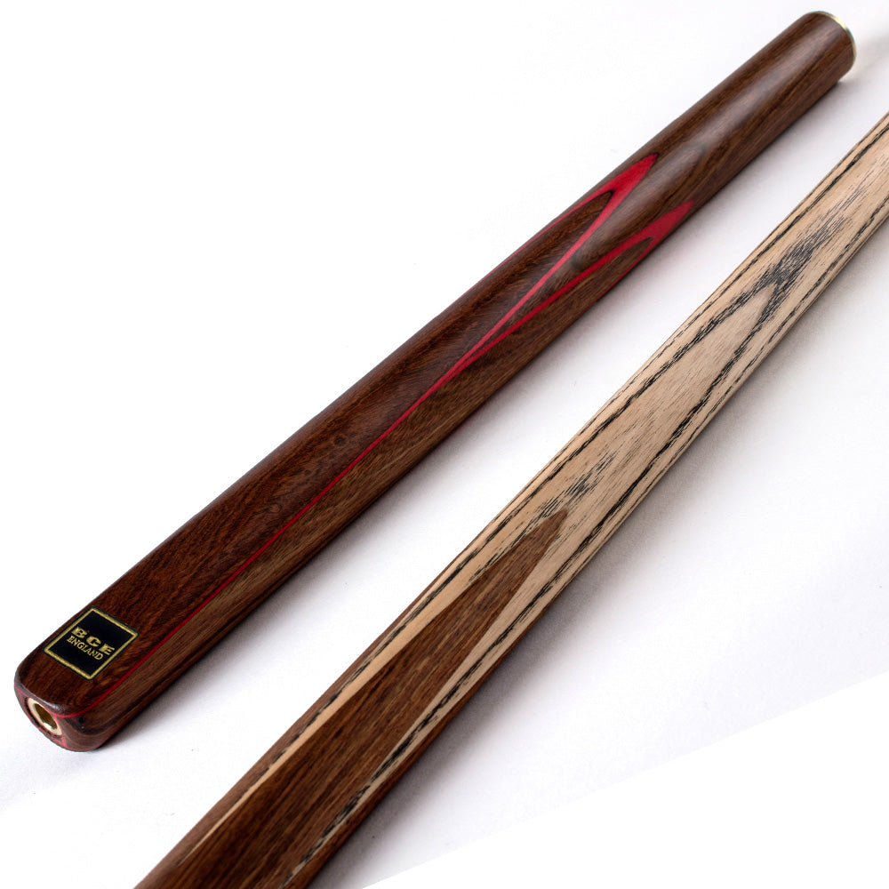BCE 3 Piece Snooker Cue - 3/4 Cut Cue - Exotic Wood Butt - 9.5mm Tip - 145cm - Red/ Natural Wood