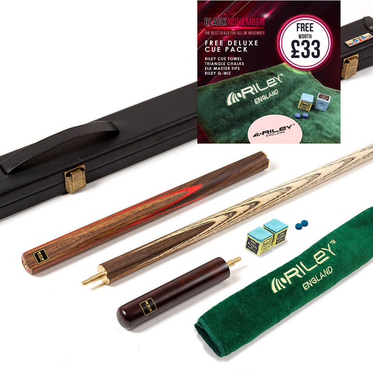 BCE 3 Piece Snooker Cue - 3/4 Cut Cue - Exotic Wood Butt - 9.5mm Tip - 145cm - Red/ Natural Wood