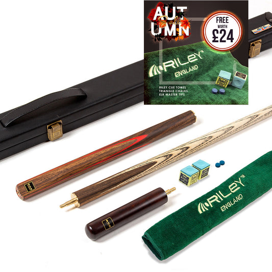 BCE 3 Piece Snooker Cue - 3/4 Cut Cue - Exotic Wood Butt - 9.5mm Tip - 145cm - Red/ Natural Wood