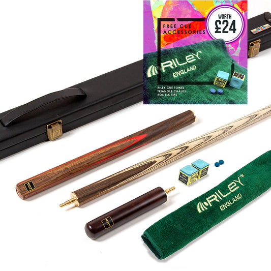 BCE 3 Piece Snooker Cue 3/4 Cut- Exotic Wood Butt with 9.5mm Tip - 145cm - Red/ Natural Wood with Hard Case