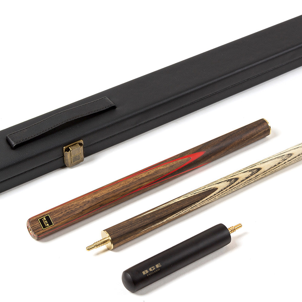 BCE 3 Piece Snooker Cue - 3/4 Cut Cue - Exotic Wood Butt - 9.5mm Tip - 145cm - Red/ Natural Wood
