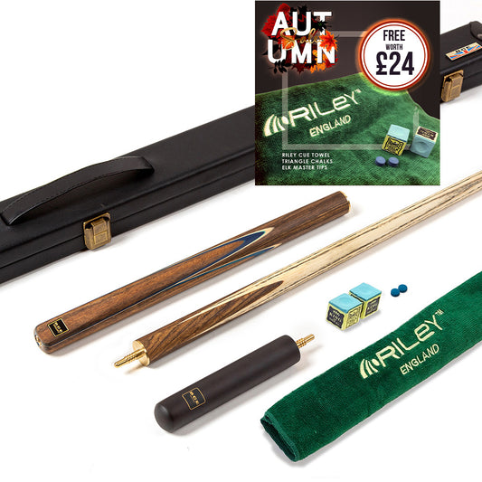 BCE 3 Piece Snooker Cue - 3/4 Cut Cue - Exotic Wood Butt - 9.5mm Tip - 145cm - Blue/ Natural Wood