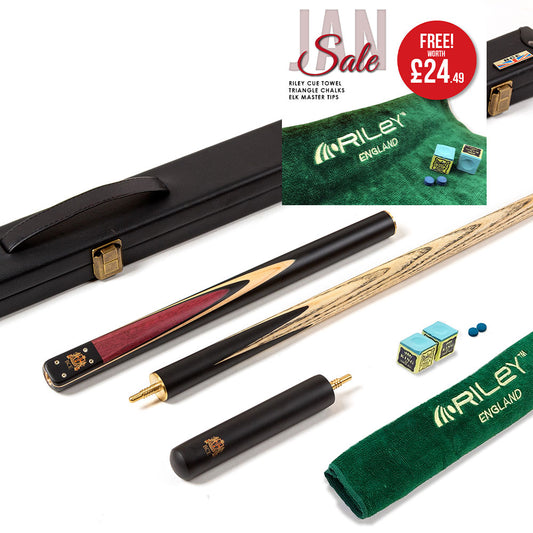 BCE 3 Piece Heritage Snooker Cue - 3/4 Cut Cue - Layered Ebonised Black Wood Butt - 9.5mm Tip - 145cm - Black/Natural/Purple