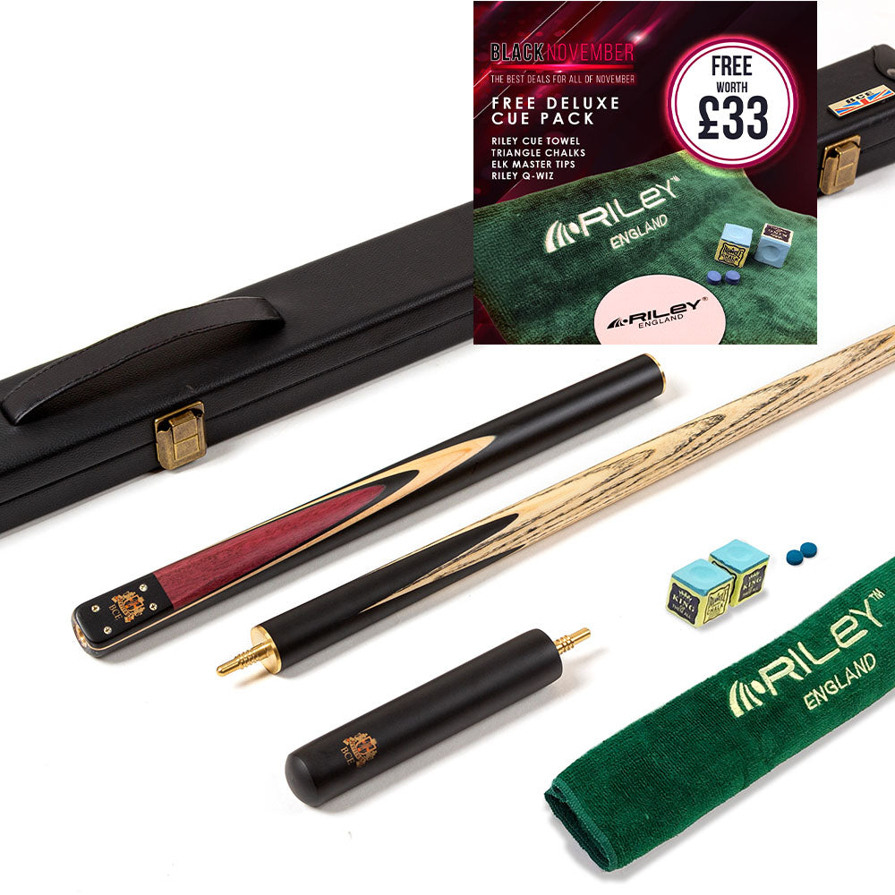 BCE 3 Piece Heritage Snooker Cue - 3/4 Cut Cue - Layered Ebonised Black Wood Butt - 9.5mm Tip - 145cm - Black/Natural/Purple