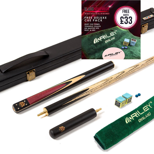 BCE 3 Piece Heritage Snooker Cue - 3/4 Cut Cue - Layered Ebonised Black Wood Butt - 9.5mm Tip - 145cm - Black/Natural/Purple