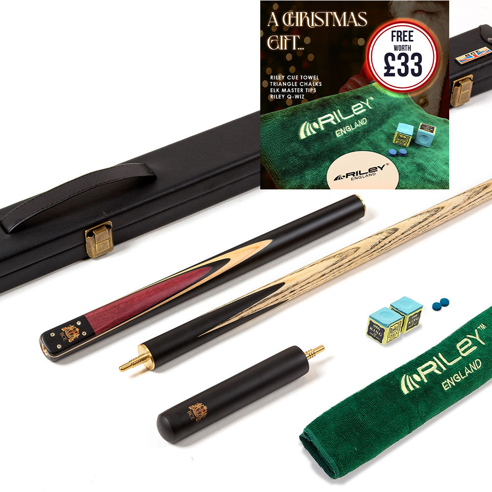 BCE 3 Piece Heritage Snooker Cue - 3/4 Cut Cue - Layered Ebonised Black Wood Butt - 9.5mm Tip - 145cm - Black/Natural/Purple