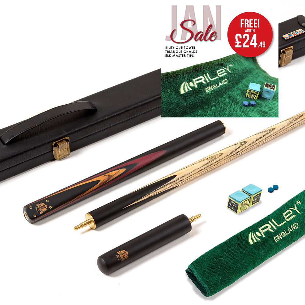 BCE 3 Piece Heritage Snooker Cue - 3/4 Cut Cue - Layered Ebonised Black Wood Butt - 9.5mm Tip - 145cm - Black/Natural/Brown/Purple