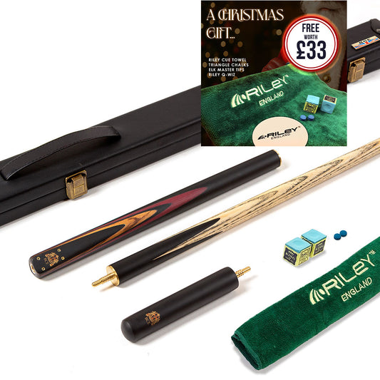 BCE 3 Piece Heritage Snooker Cue - 3/4 Cut Cue - Layered Ebonised Black Wood Butt - 9.5mm Tip - 145cm - Black/Natural/Brown/Purple