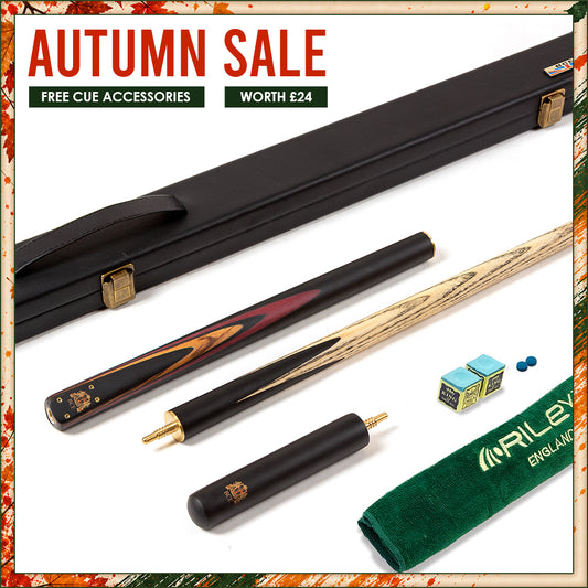 BCE 3 Piece Heritage Snooker Cue - 3/4 Cut Cue - Layered Ebonised Black Wood Butt - 9.5mm Tip - 145cm - Black/Natural/Brown/Purple