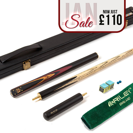 BCE 3 Piece Heritage Snooker Cue - 3/4 Cut Cue - Layered Ebonised Black Wood Butt - 9.5mm Tip - 145cm - Black/Natural/Brown/Purple