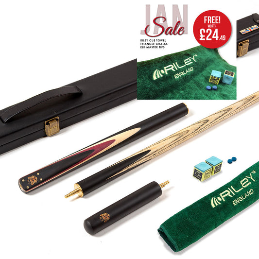 BCE 3 Piece Heritage Snooker Cue - 3/4 Cut Cue - Layered Ebonised Black Wood Butt - 9.5mm Tip - 145cm - Black/Natural/Purple