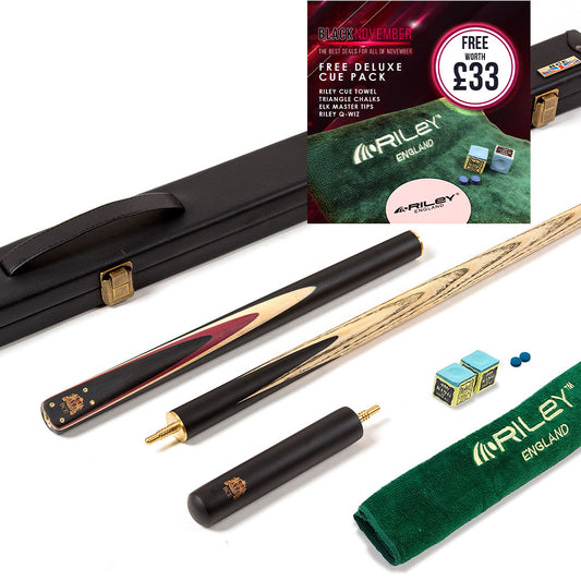 BCE 3 Piece Heritage Snooker Cue - 3/4 Cut Cue - Layered Ebonised Black Wood Butt - 9.5mm Tip - 145cm - Black/Natural/Purple