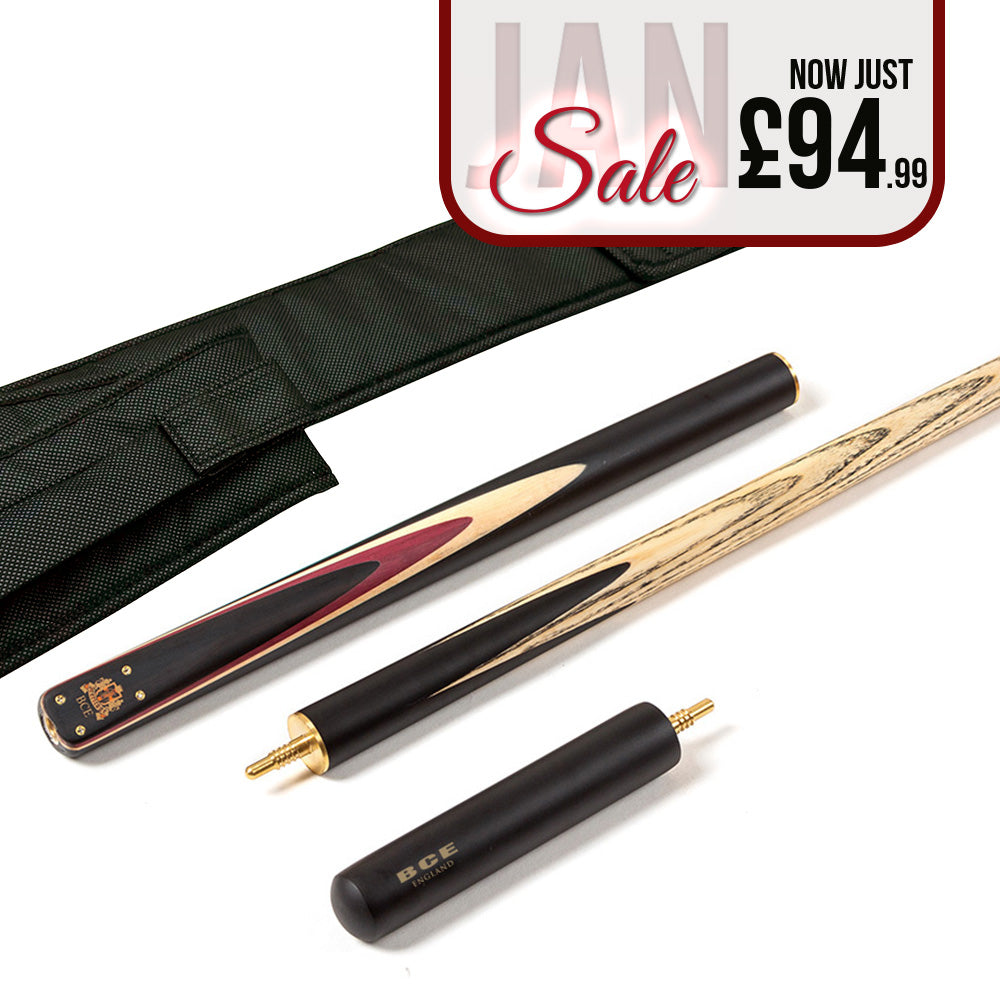 BCE Heritage Snooker/Pool Cue & Sleeve Set - 3/4 Cut - 3 Piece - 9.5mm Tip - 145cm - Black/Natural/Purple