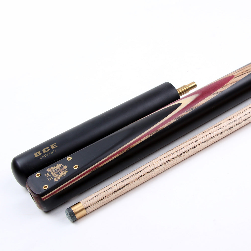 BCE 3 Piece Heritage Snooker Cue and Hard Case 3/4 Cut- Sapele Mahogany Butt - 9.5mm Tip - 145cm - Black/Natural/Purple