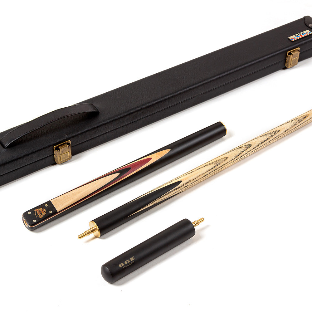 BCE 3 Piece Heritage Snooker Cue and Hard Case 3/4 Cut - Sapele Mahogany Butt - 9.5mm Tip - 145cm - Black/Natural/Purple