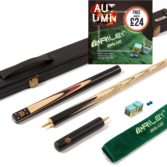 BCE 3 Piece Heritage Snooker Cue - 3/4 Cut Cue - Layered Ebonised Black Wood Butt - 9.5mm Tip - 145cm - Black/Natural/Purple