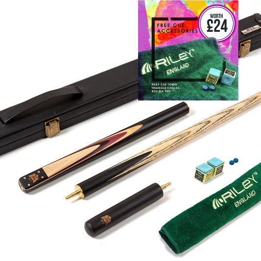 BCE 3 Piece Heritage Snooker Cue and Hard Case 3/4 Cut - Sapele Mahogany Butt - 9.5mm Tip - 145cm - Black/Natural/Purple