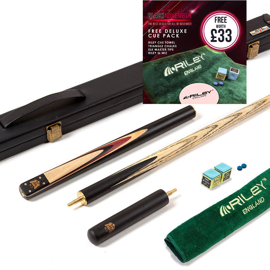 BCE 3 Piece Heritage Snooker Cue - 3/4 Cut Cue - Layered Ebonised Black Wood Butt - 9.5mm Tip - 145cm - Black/Natural/Purple
