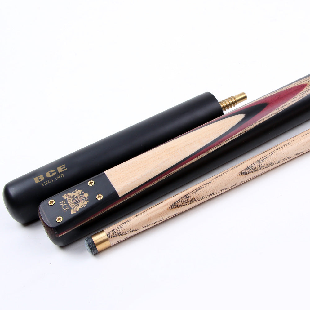BCE 3 Piece Heritage Snooker Cue and Hard Case 3/4 Cut - Sapele Mahogany Butt - 9.5mm Tip - 145cm - Black/Natural/Purple