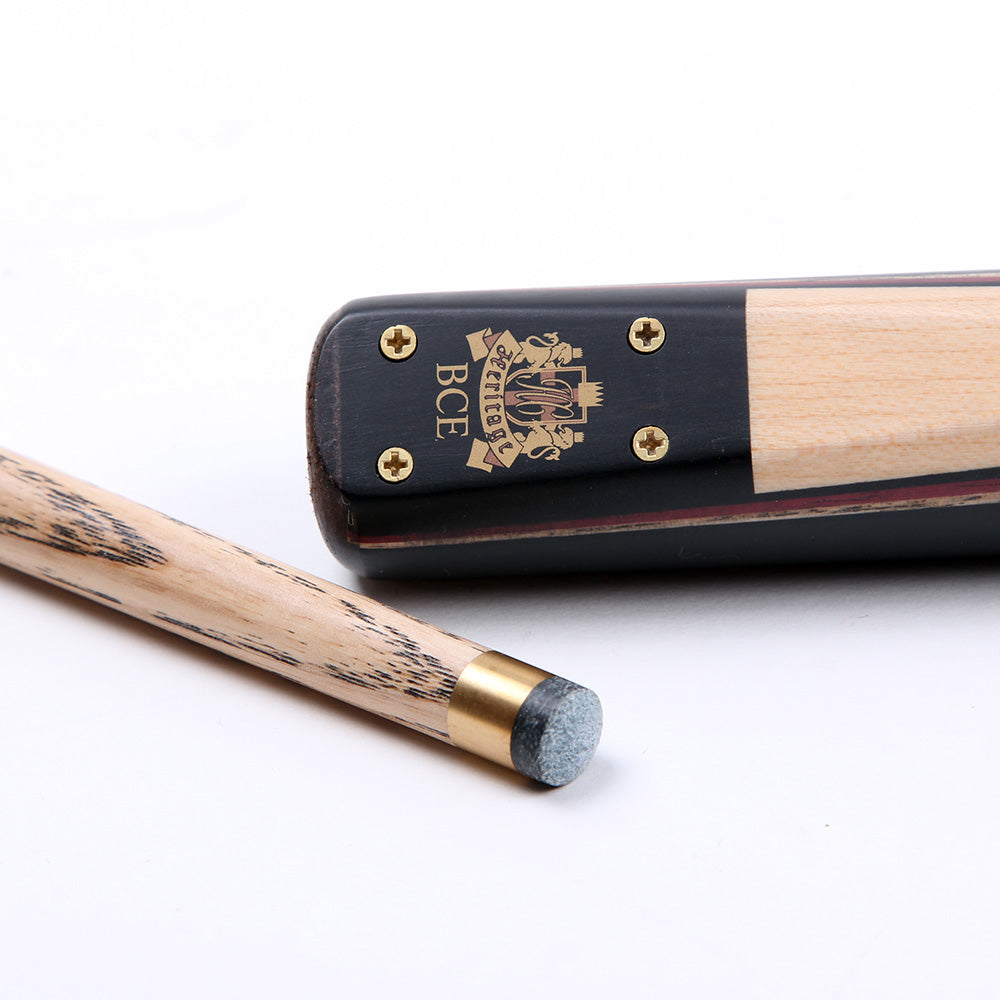 BCE 3 Piece Heritage Snooker Cue and Hard Case 3/4 Cut - Sapele Mahogany Butt - 9.5mm Tip - 145cm - Black/Natural/Purple