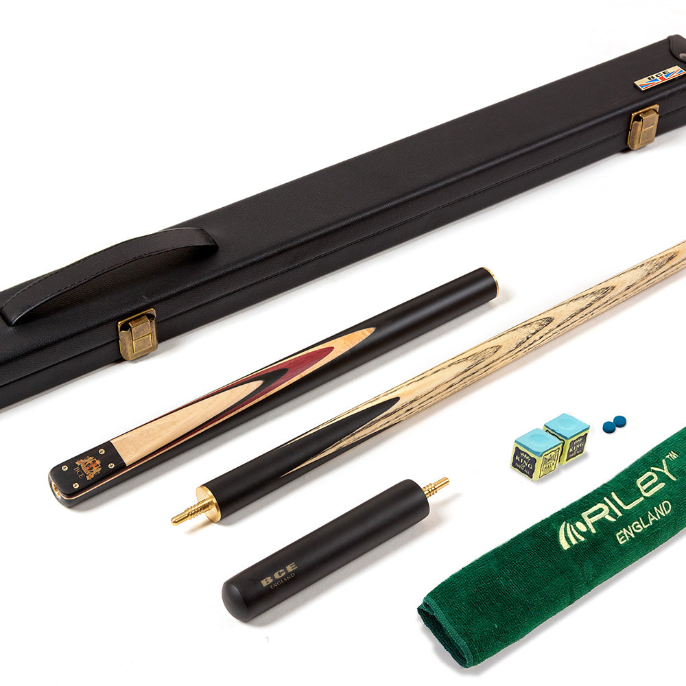 BCE 3 Piece Heritage Snooker Cue and Hard Case 3/4 Cut - Sapele Mahogany Butt - 9.5mm Tip - 145cm - Black/Natural/Purple