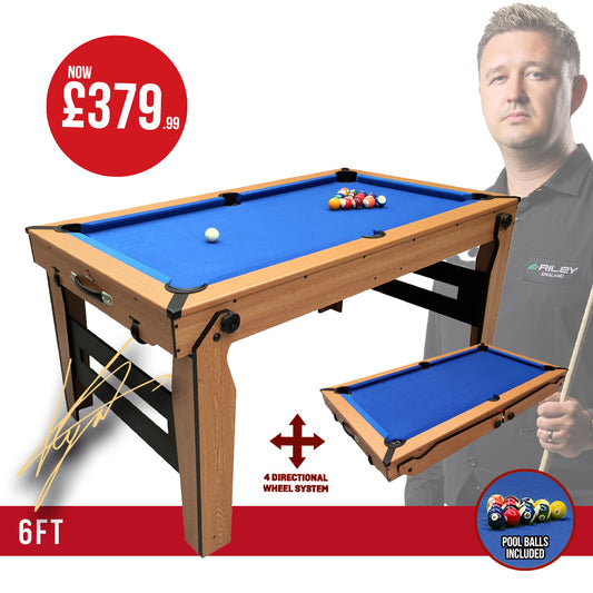 BCE 6ft Razor Folding Pool Table - Blue Cloth/ Oak Finish - Folds Flat