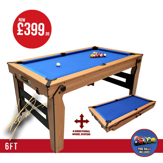 BCE 6ft Razor Folding Pool Table - Blue Cloth/ Oak Finish - Folds Flat