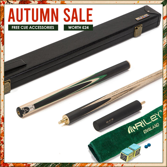 BCE C8L - 3 Piece English Pool Cue - 3/4 Cut Cue - Layered Ebonised Black Wood with 9mm Tip - 145cm - Black/ Green /Light Wood