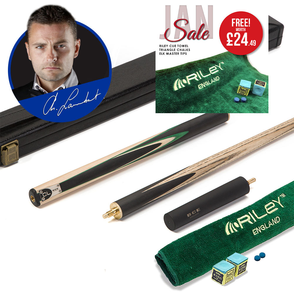 BCE C8L - 3 Piece English Pool Cue - 3/4 Cut Cue - Layered Ebonised Black Wood with 9mm Tip - 145cm - Black/ Green /Light Wood