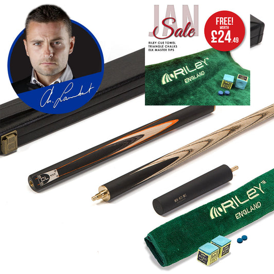 BCE C8L - 3 Piece English Pool Cue and Hard Case - 3/4 Cut Cue - Layered Ebonised Black Wood with 9mm Tip - 145cm - Black/ Orange/ Natural Wood