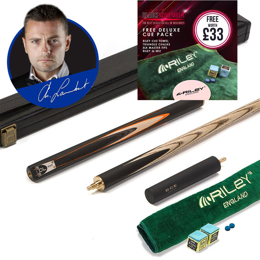 BCE C8L - 3 Piece English Pool Cue and Hard Case - 3/4 Cut Cue - Layered Ebonised Black Wood with 9mm Tip - 145cm - Black/ Orange/ Natural Wood