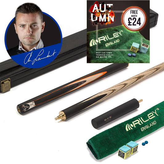 BCE C8L - 3 Piece English Pool Cue and Hard Case - 3/4 Cut Cue - Layered Ebonised Black Wood with 9mm Tip - 145cm - Black/ Orange/ Natural Wood