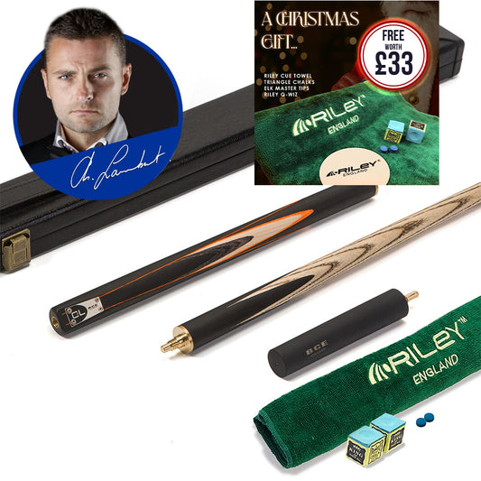 BCE C8L - 3 Piece English Pool Cue and Hard Case - 3/4 Cut Cue - Layered Ebonised Black Wood with 9mm Tip - 145cm - Black/ Orange/ Natural Wood