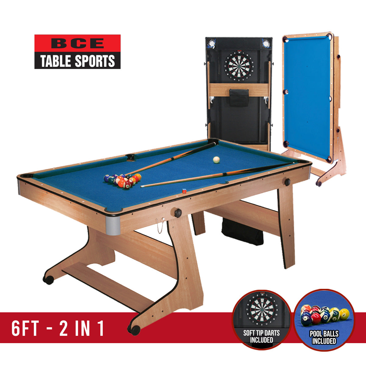 BCE 6ft Folding 2 in 1 Pool Table with Dartboard - Blue Cloth/ Beech Finish - Folds Vertically