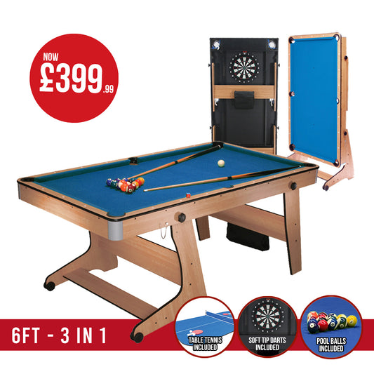BCE 6ft Folding 3 in 1 Pool Table with Table Tennis Top and Dartboard - Blue Cloth/ Beech Finish - Folds Vertically