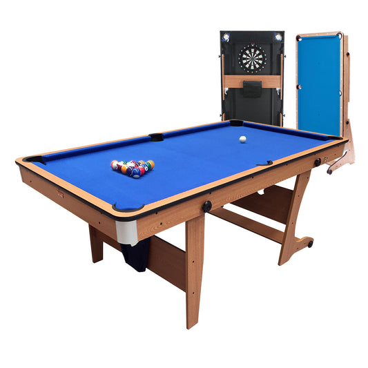 BCE 6ft Folding 2 in 1 Pool Table with Dartboard - Blue Cloth/ Beech Finish - Folds Vertically