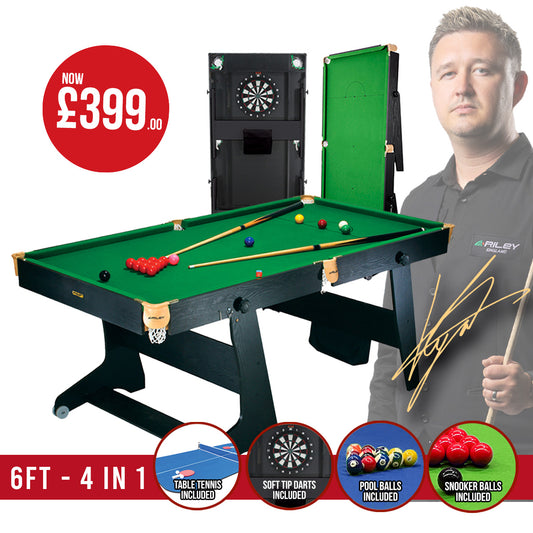 Riley 6ft 4 in 1 Folding Snooker Table - Snooker, Pool, Dartboard and Table Tennis Top - Black/Wood Effect with Green Cloth - Folds Vertically