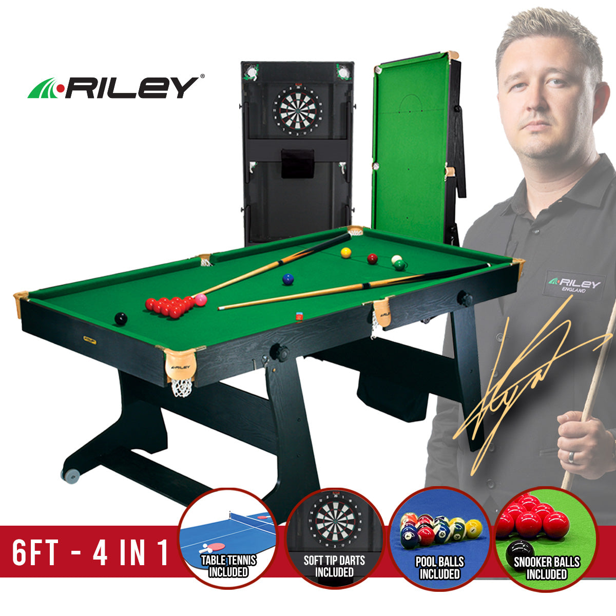 Riley 6ft 4 in 1 Folding Snooker Table - Snooker, Pool, Dartboard and Table Tennis Top - Black/Wood Effect with Green Cloth - Folds Vertically