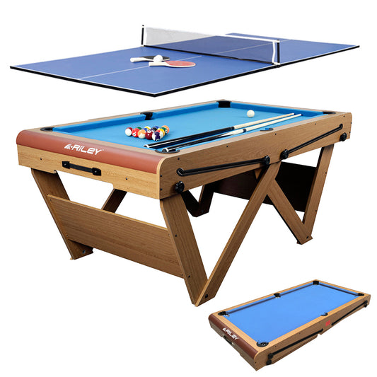 Riley 6ft Folding Snooker and Pool Table - Oak Finish with Blue Cloth - Folds Flat