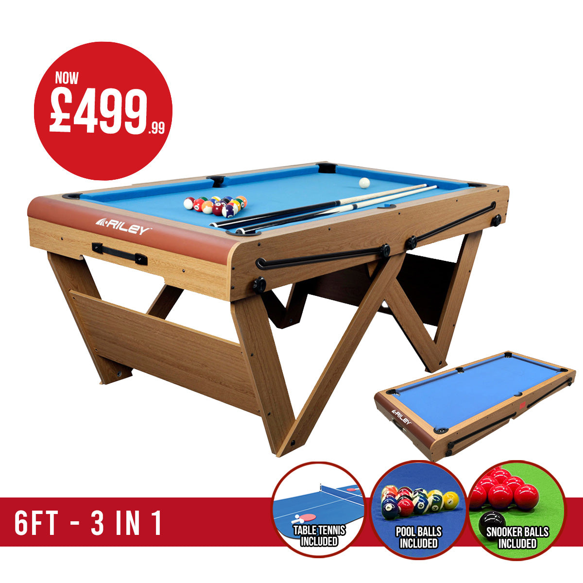 Riley 6ft Folding Snooker and Pool Table - Oak Finish with Blue Cloth - Folds Flat